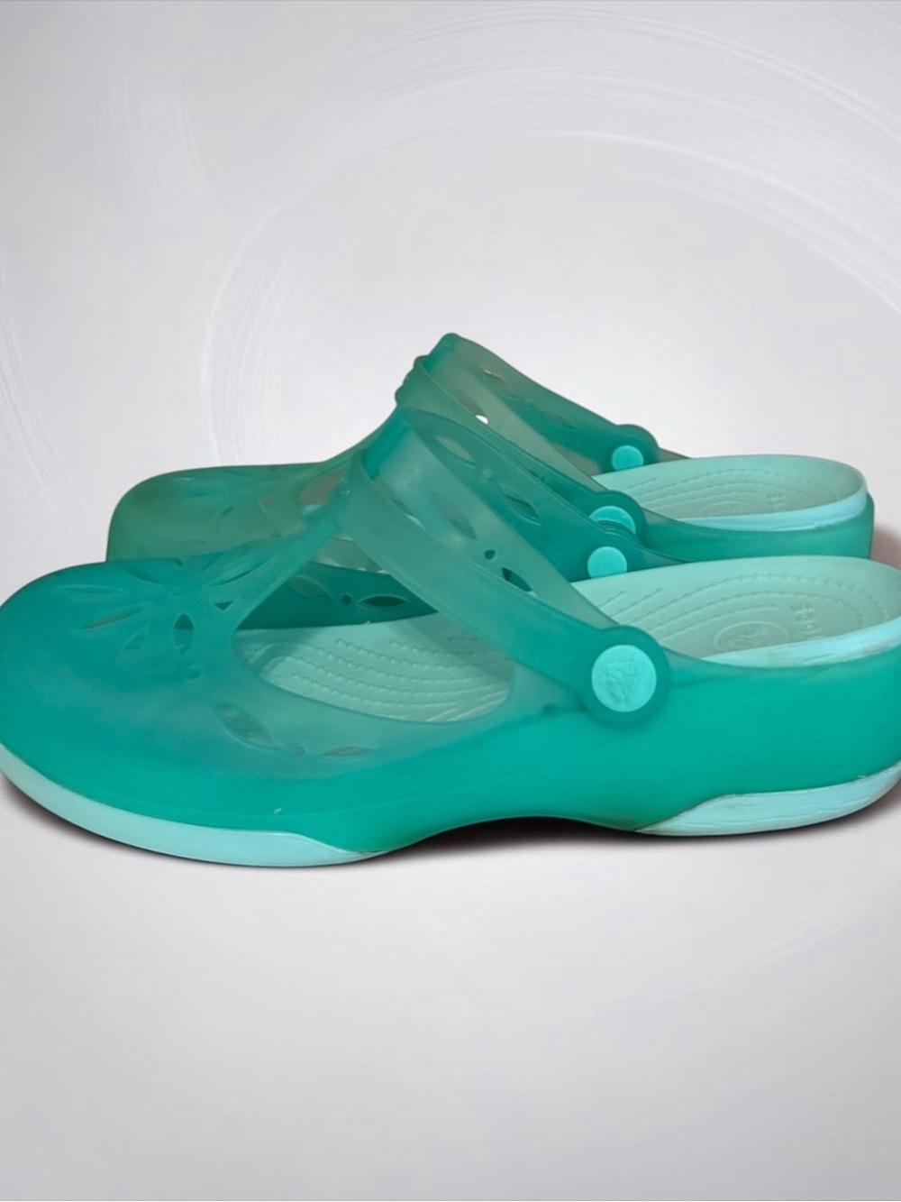 Crocs Women’s Size 8 Translucent Teal Mary Jane Clogs Jelly Floral Cutout Flats